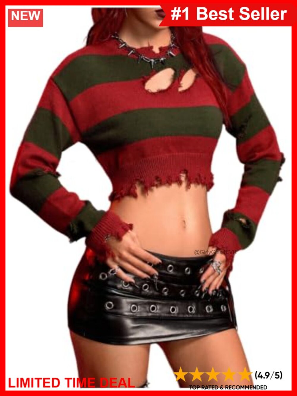 Striped Distressed Cropped Knit Pullover Sweater Crew Neck Y2K